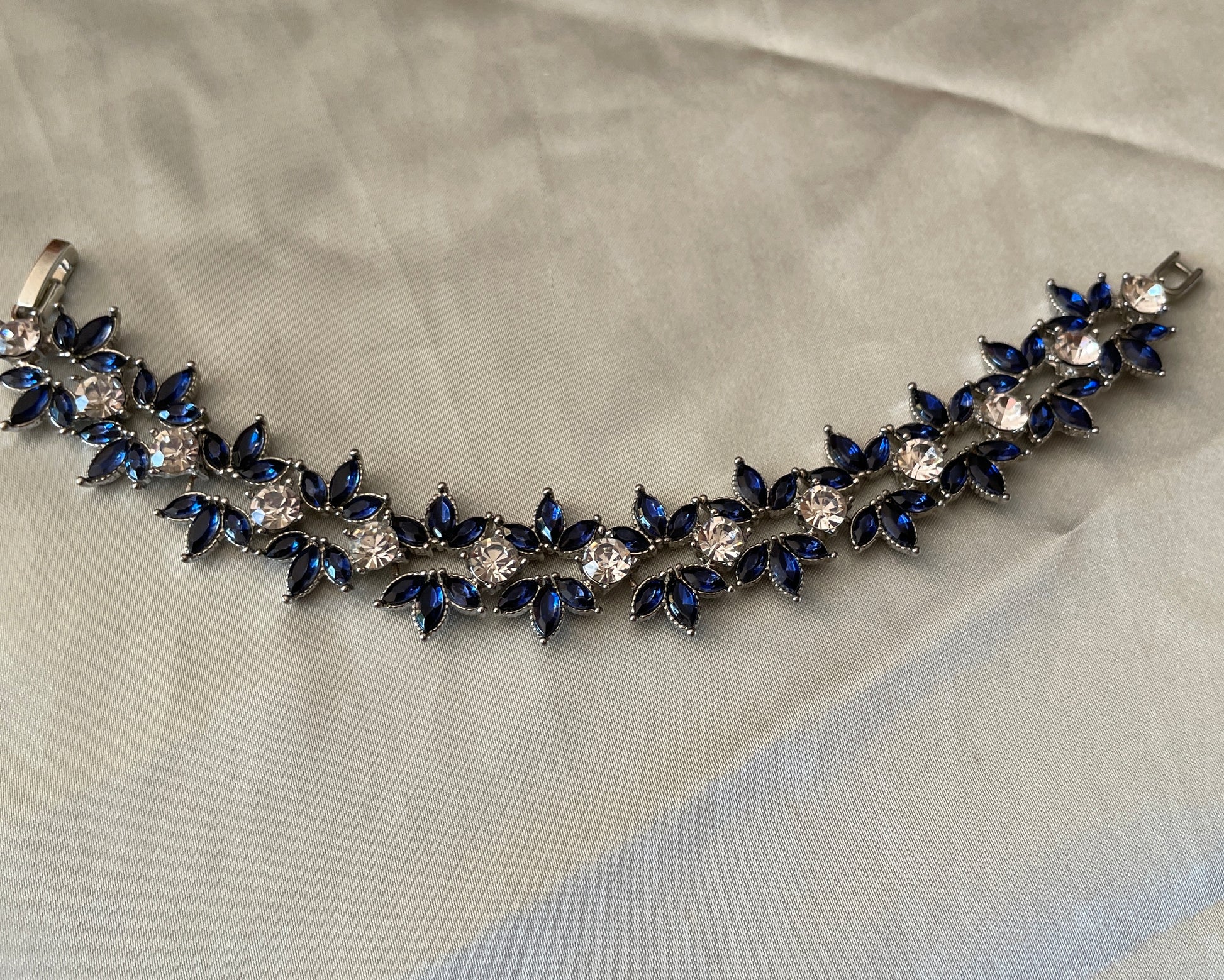  70s Silver Tone Blue Clear Rhinestone Flower Bracelet