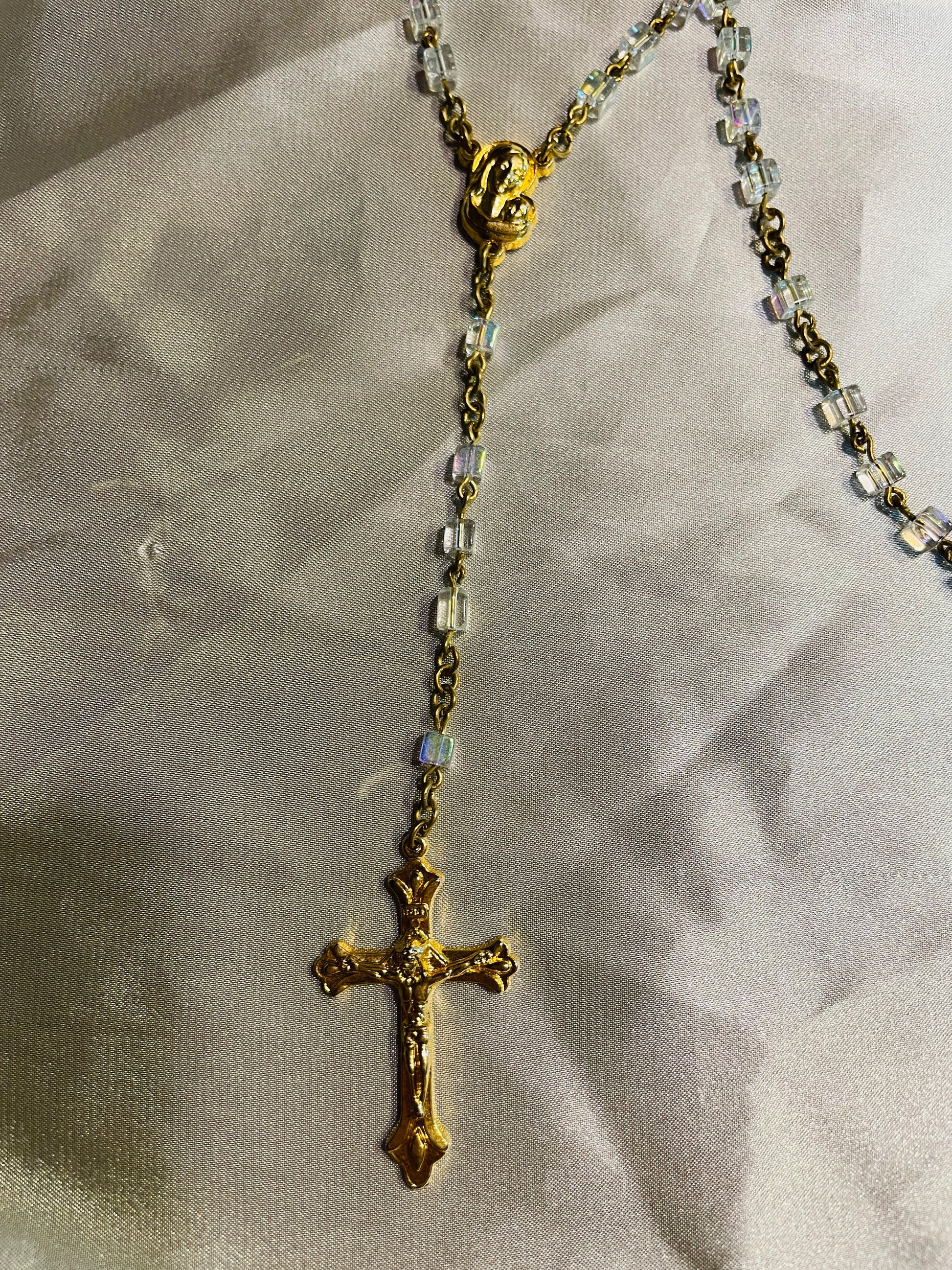  80s Gold Tone Italy AB Glass Vintage Rosary Necklace