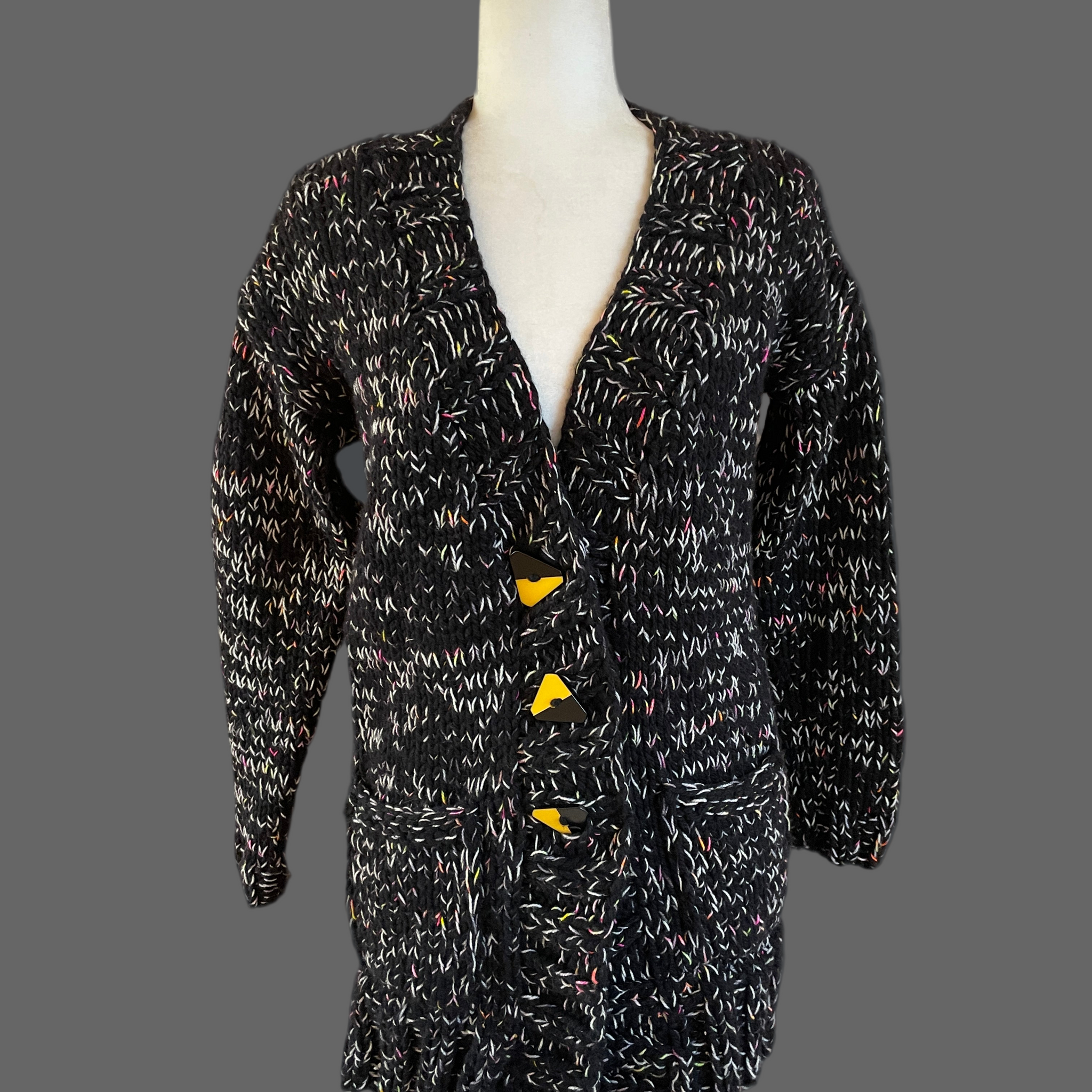 2000s Handmade Black Tweedy Vintage Winter-ware Cardigan Sweater M