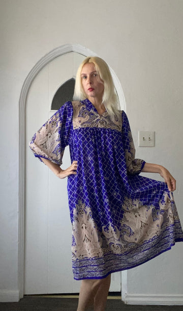 70s Vintage Striking Blue Floral & Paisley Print Poly Full Sleeve Casual Boho Dress S/M