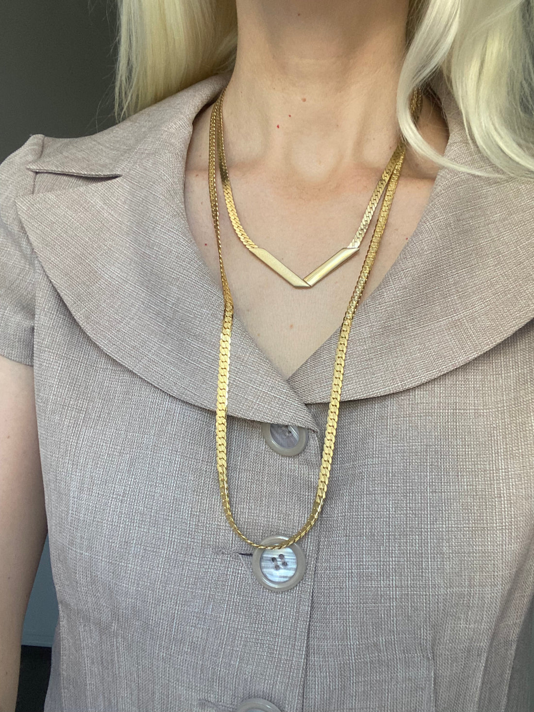 2000s Gold Tone Herringbone Chain Necklaces Bundle of 2