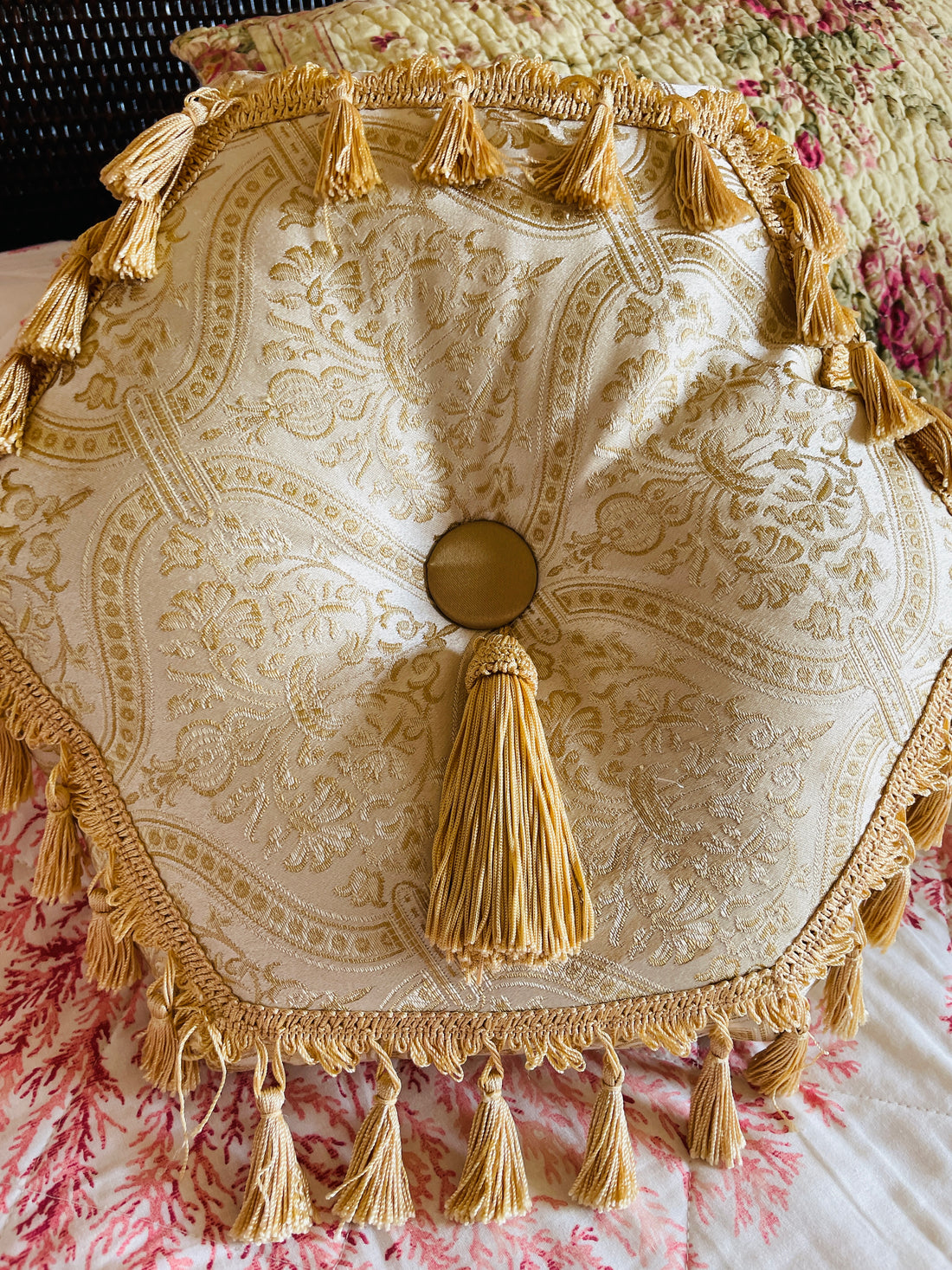 90s Vintage Gold Tone Silky Poly Tassels Boudoir Pillow