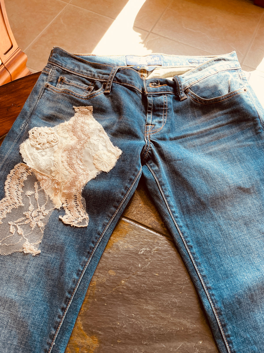 2000s Lucky Brand Cotton Denim Hand Embellished Antique Vintage Lace Tattered Back Pockets One of a Kind Jeans M