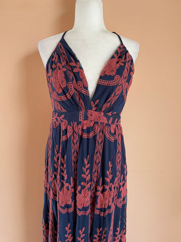 90s Stunning Floral Embroidery Navy Vintage Maxi Dress M