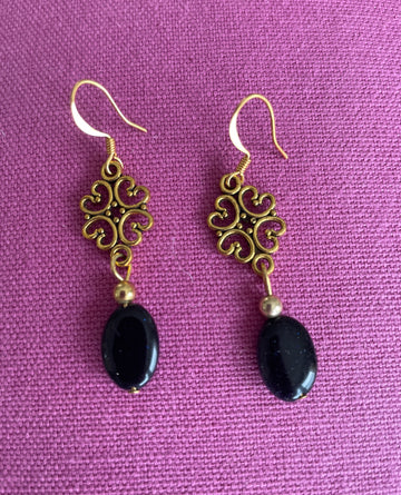 2000s Decorative Gold Tone Black Bead Drop Pierced Earrings