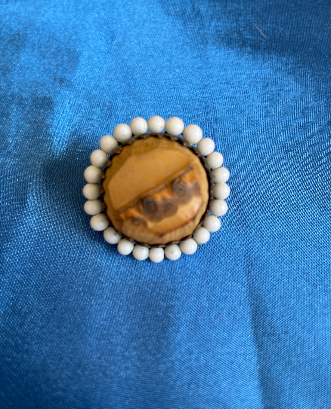 50s Vintage Signed Japan Wood Center White Beaded Accent Clip Earrings