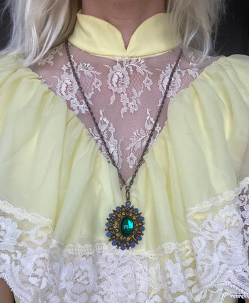30s Ornate Filigree Blue Yellow Enamel Beads Green Cabochon Rare Pendant Necklace