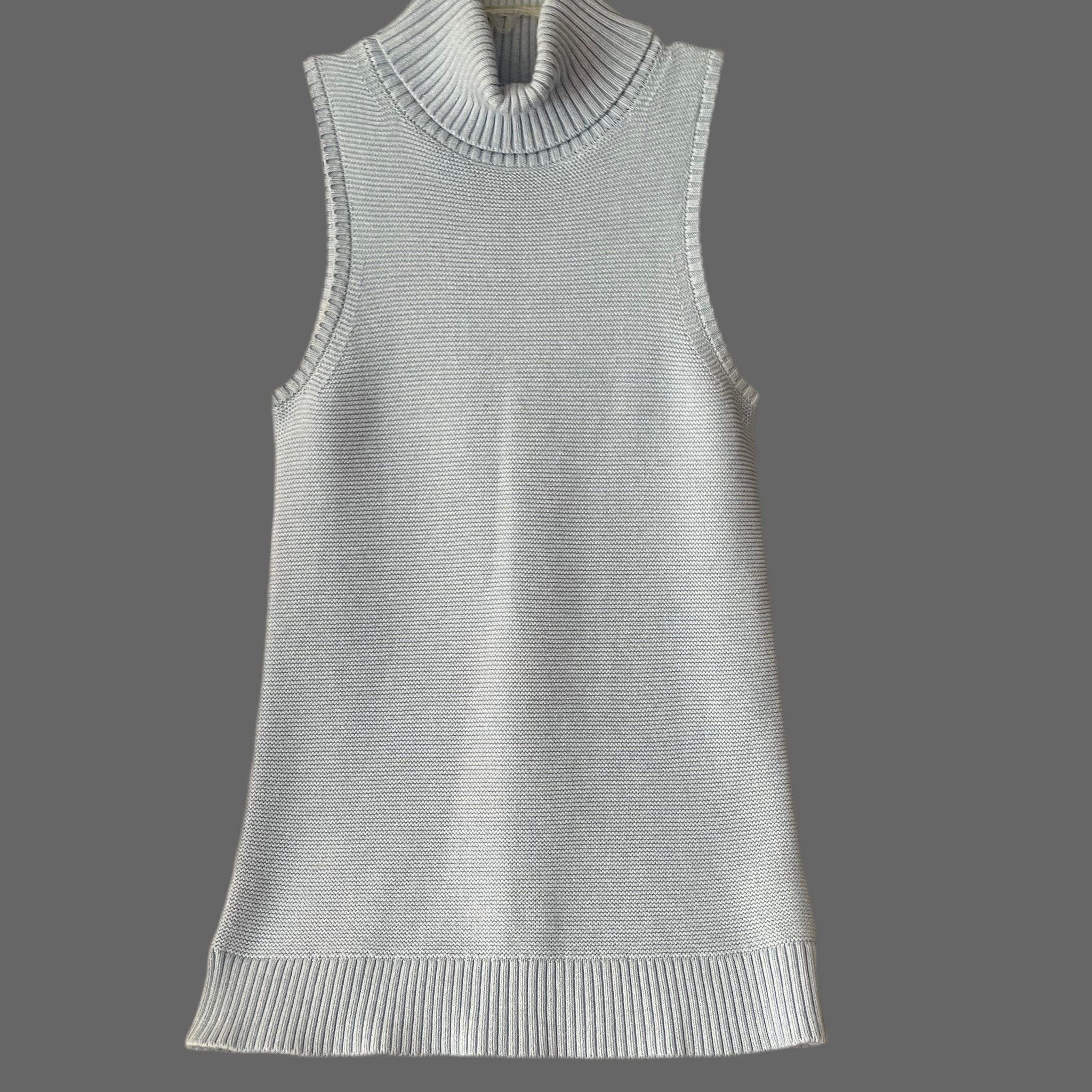 Light Blue Knitted Cotton Ribbed Turtleneck Deep Armhole Long Top S