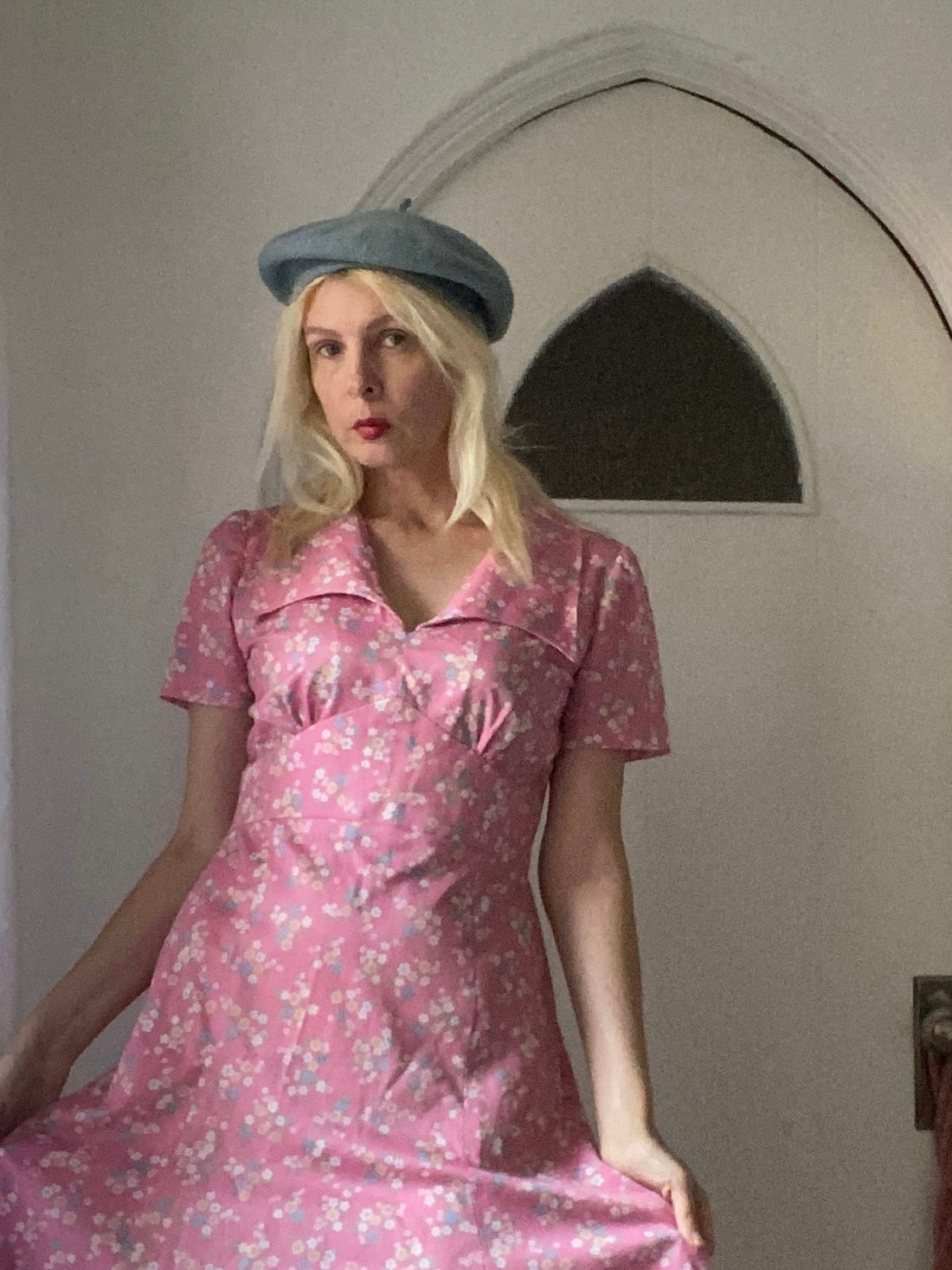70s Vintage Handmade Pink Floral Collared Dress M