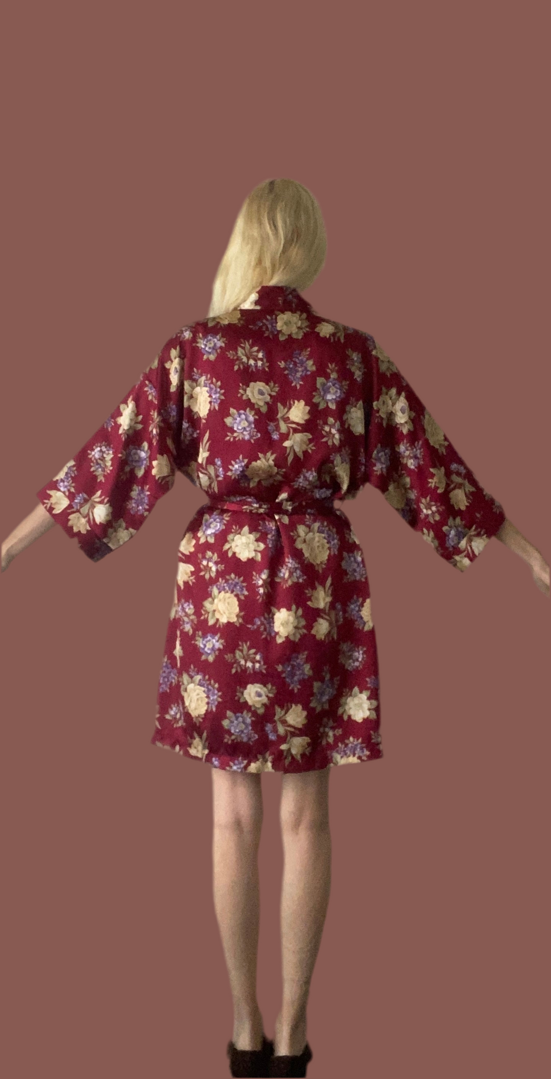 90s Dentelle Floral Print Pockets Matching Belt Wrap Robe M