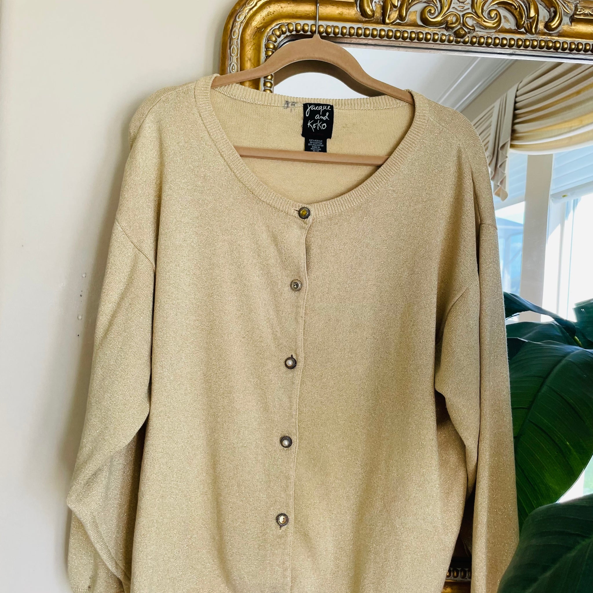 80s Vintage Shimmering Gold Acrylic Cotton Cardigan Sweater  X/L