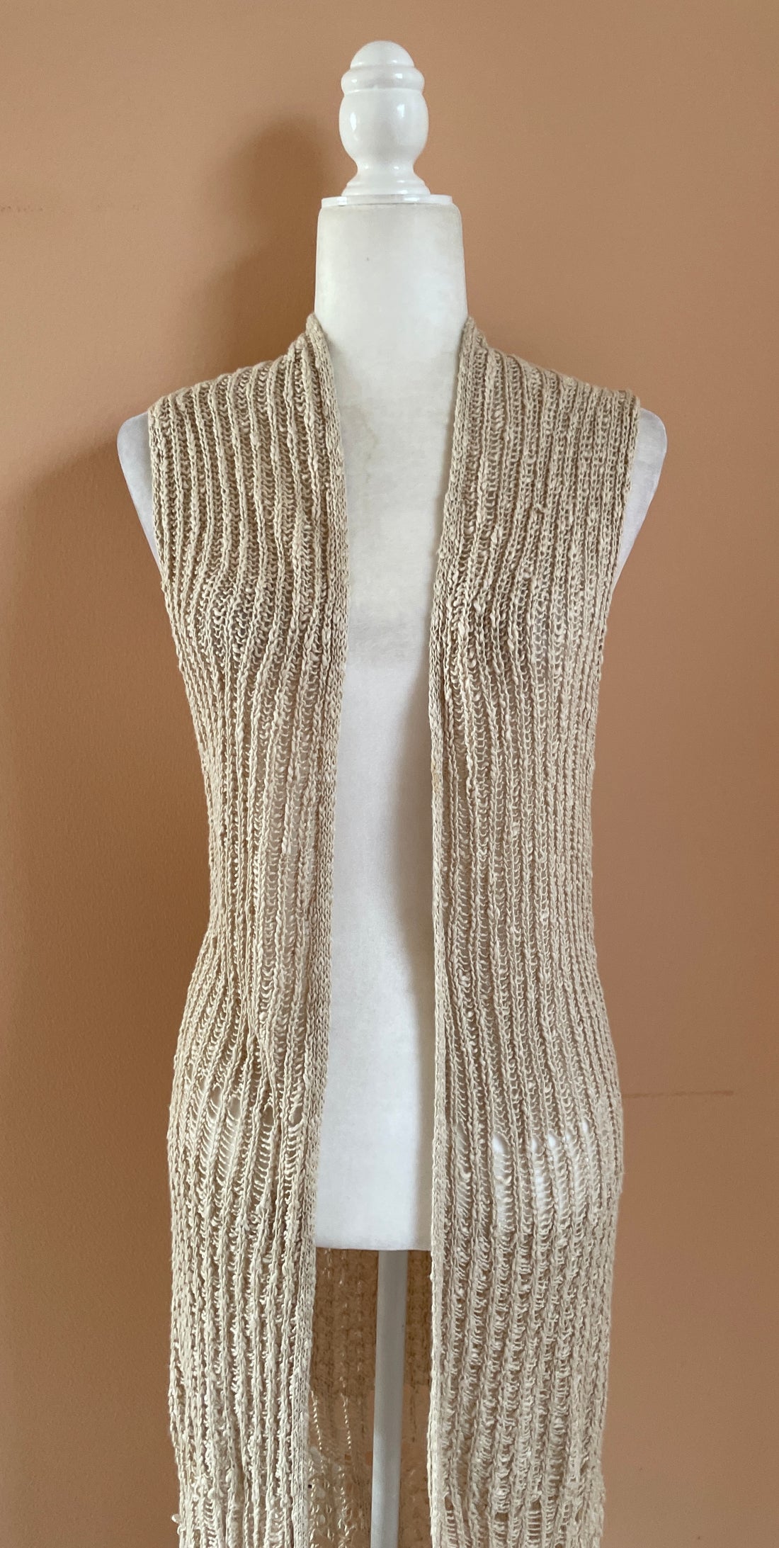 90s Vintage Cotton Acrylic Blend Beige Loose Knit Long Boho Vest Sweater S