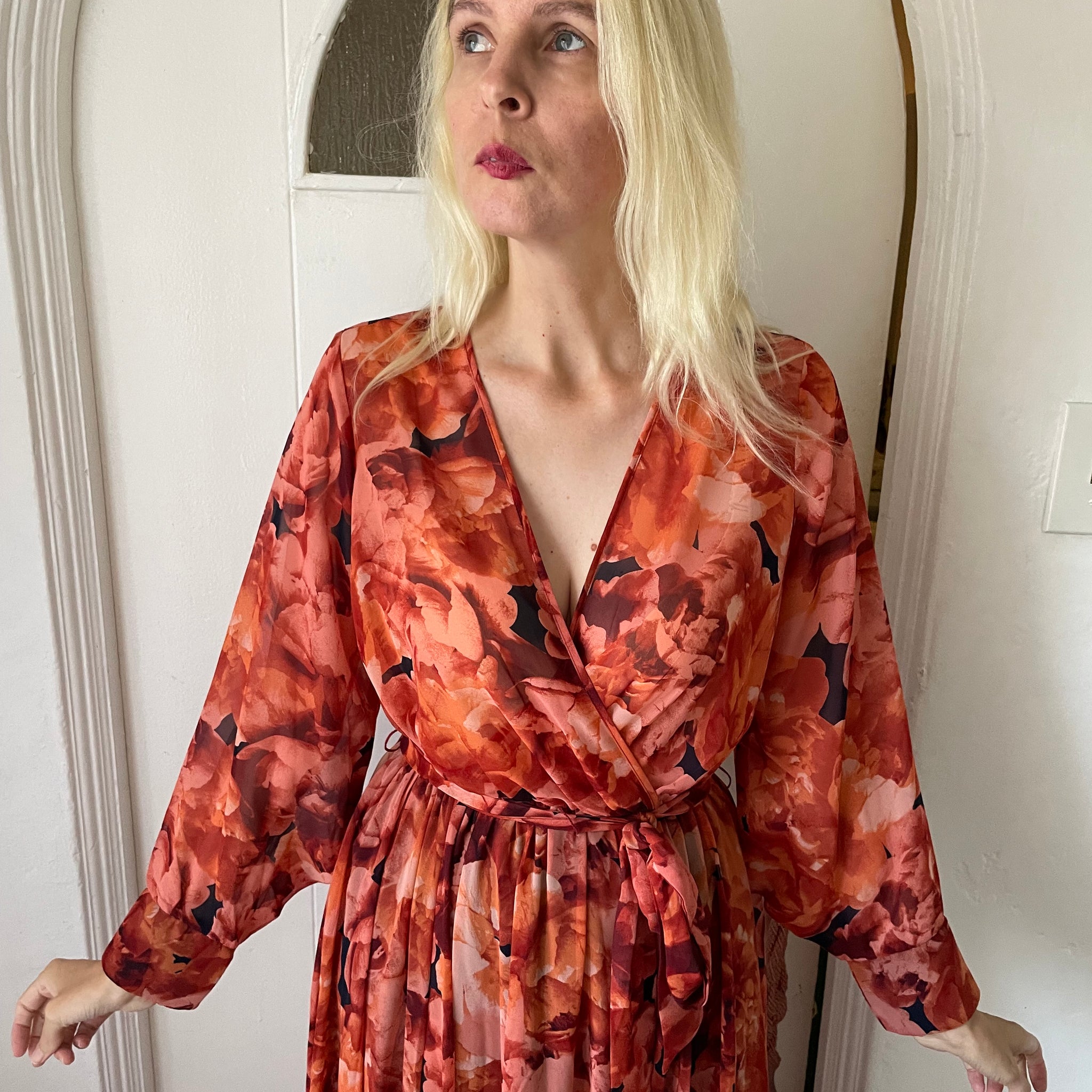 2000s Sheer Poly Lined V Neck Floral Maxi Dress M