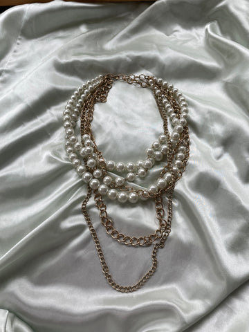 Multiple Layered Chains Faux Pearl 2000 Costume Statement Necklace