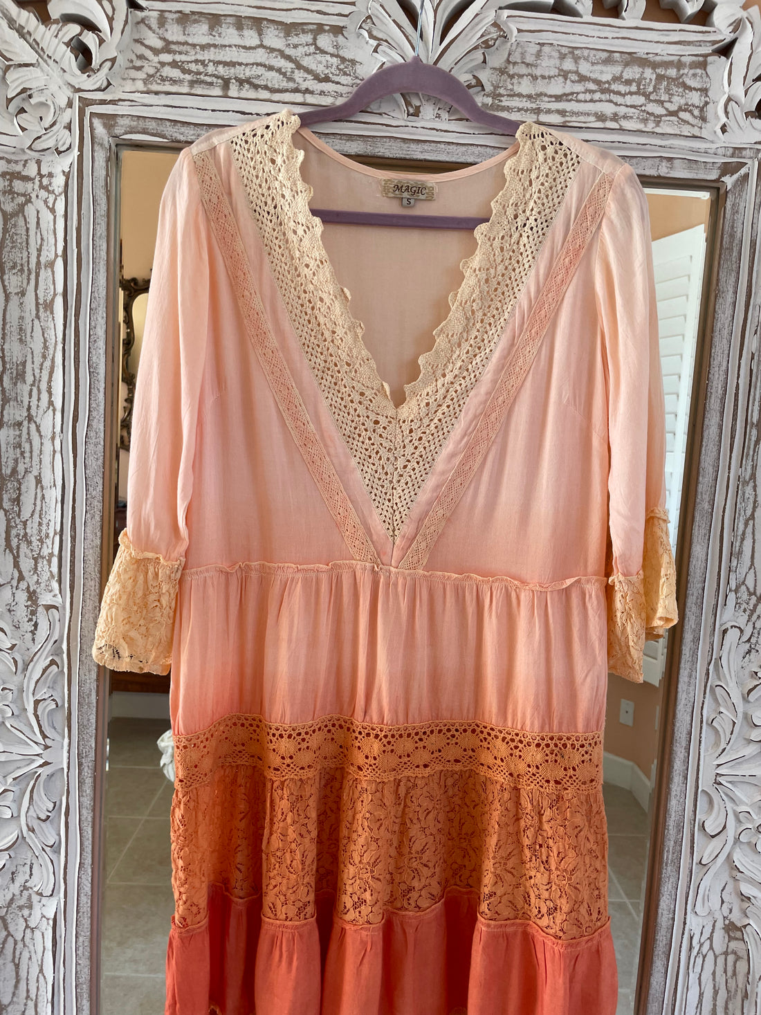 2000s Lacy Pinks & Oranges Rayon Fringed Tiered Dress Lg