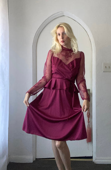 Vintage 7Os Burgundy Sheer Lace Disco Dress M