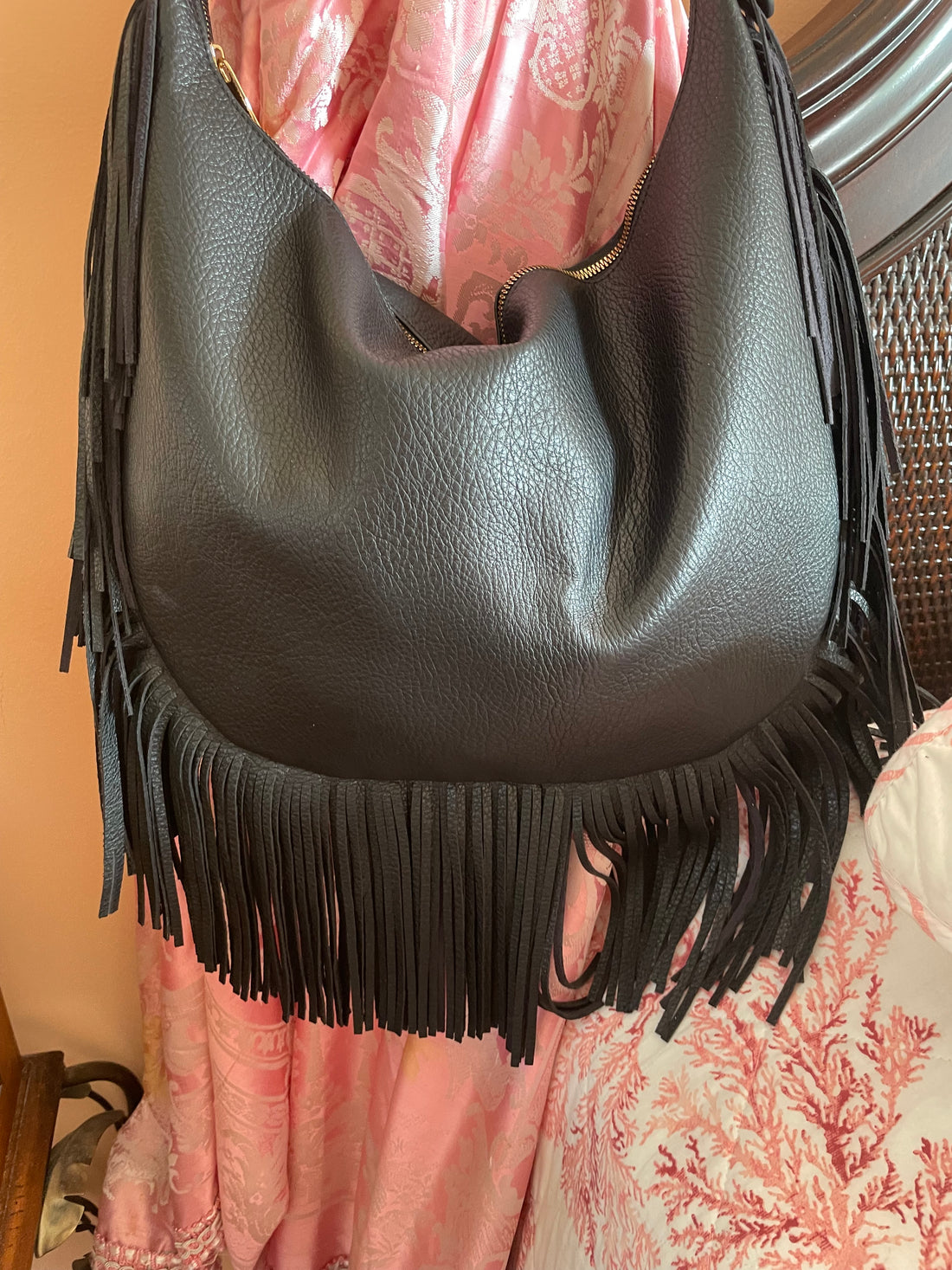 2000s Sleek Black Faux Leather Fringed Boho Satchel Bag.