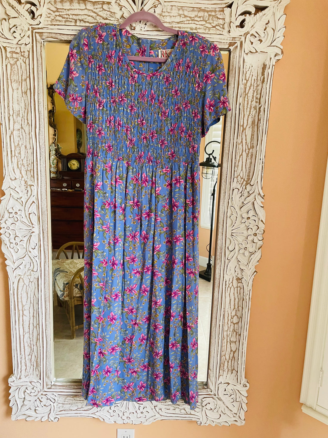 70s Vintage R & K Rayon Lavender Punk Floral Smocked Long Dress. 12P