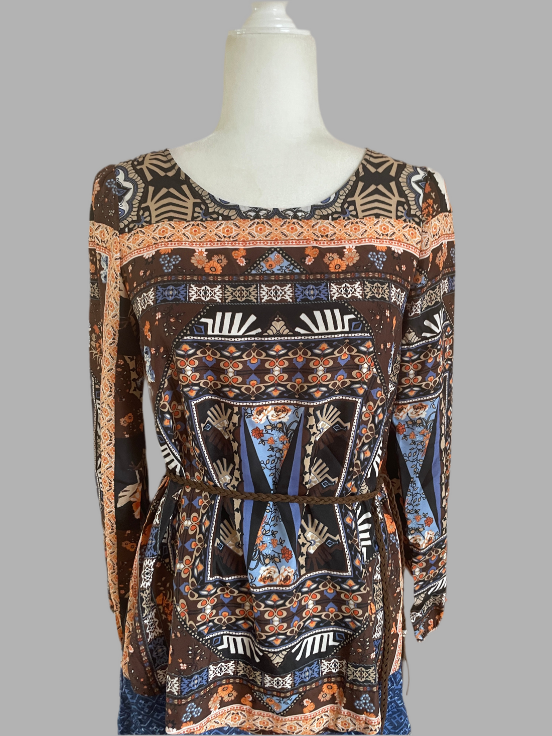 2000’s Poly Print Boho Hippie Mini Dress S