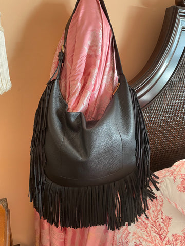 2000s Sleek Black Faux Leather Fringed Boho Satchel Bag.