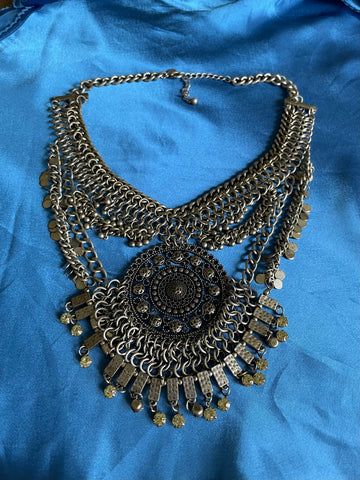 Vintage Silver Tone Afghani Medallion Choker Statement Necklace.