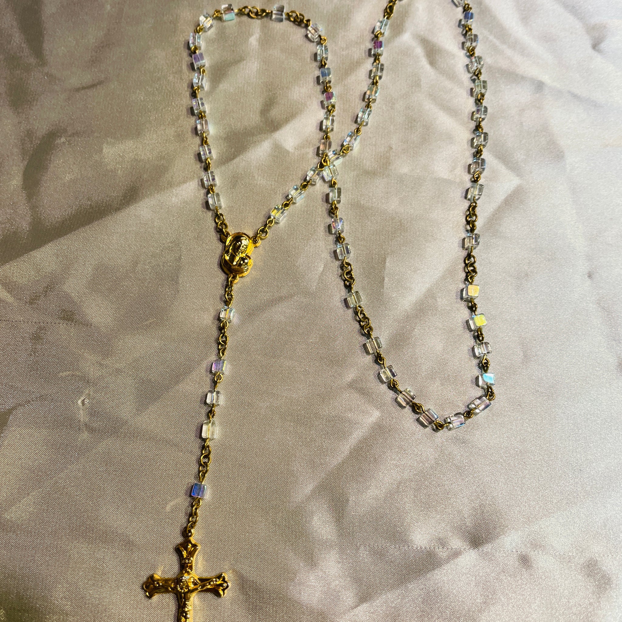 80s Vintage Gold Tone Italy AB Glass Vintage Rosary Necklace