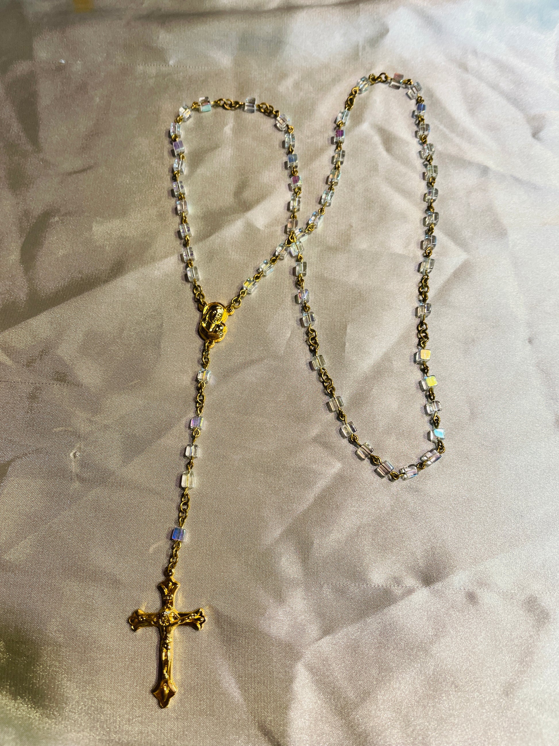  80s Vintage Gold Tone Italy AB Glass Vintage Rosary Necklace