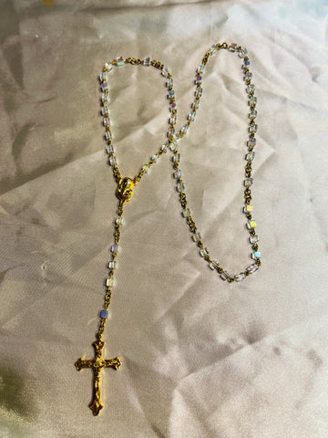 80s Gold Tone Italy AB Glass Vintage Rosary Necklace