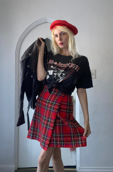 60s Vintage Fiona McDonald Scotland Acrylic Wool Red Tartan Plaid Wrap Mini Kilt Skirt S