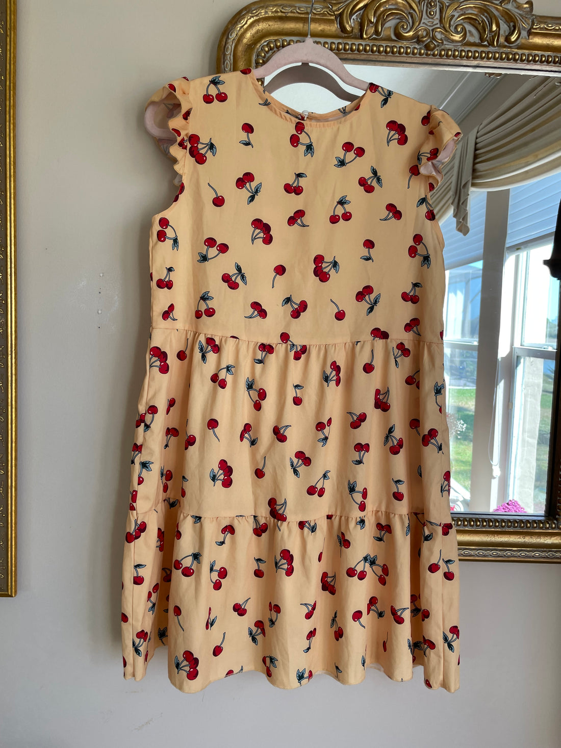 2000s Red Cherry Print Yellow Mini Dress S