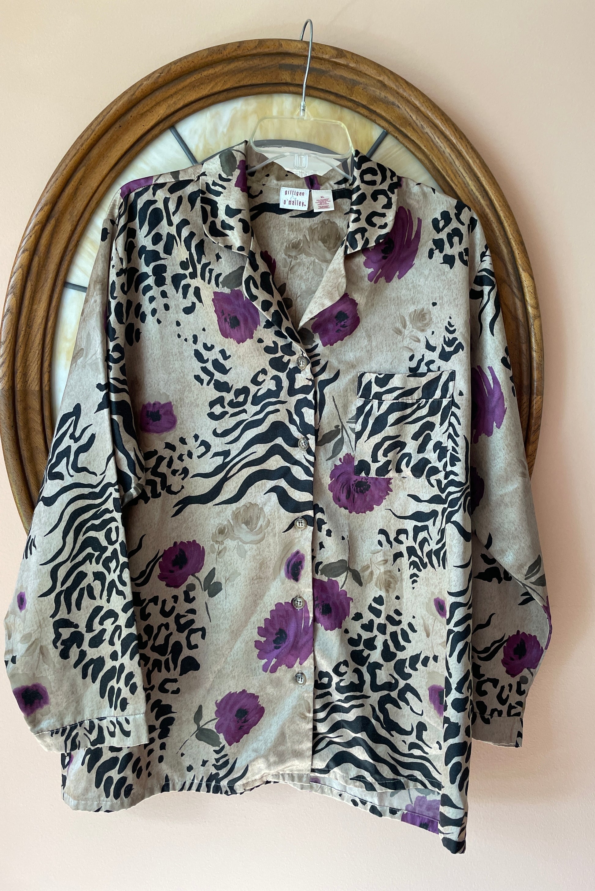 90s lounge pajama shirt 90s Floral Animal Print Lounge Shirt