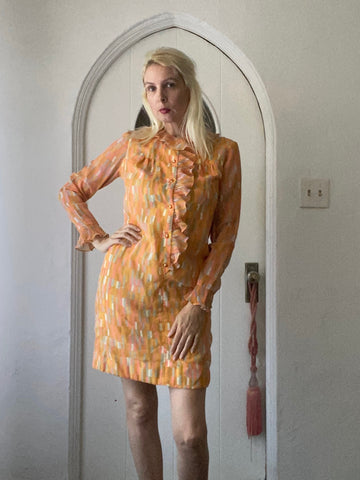 Vintage 70s Jody of California Button Front Ruffled Psychedelic Print Short Dress M