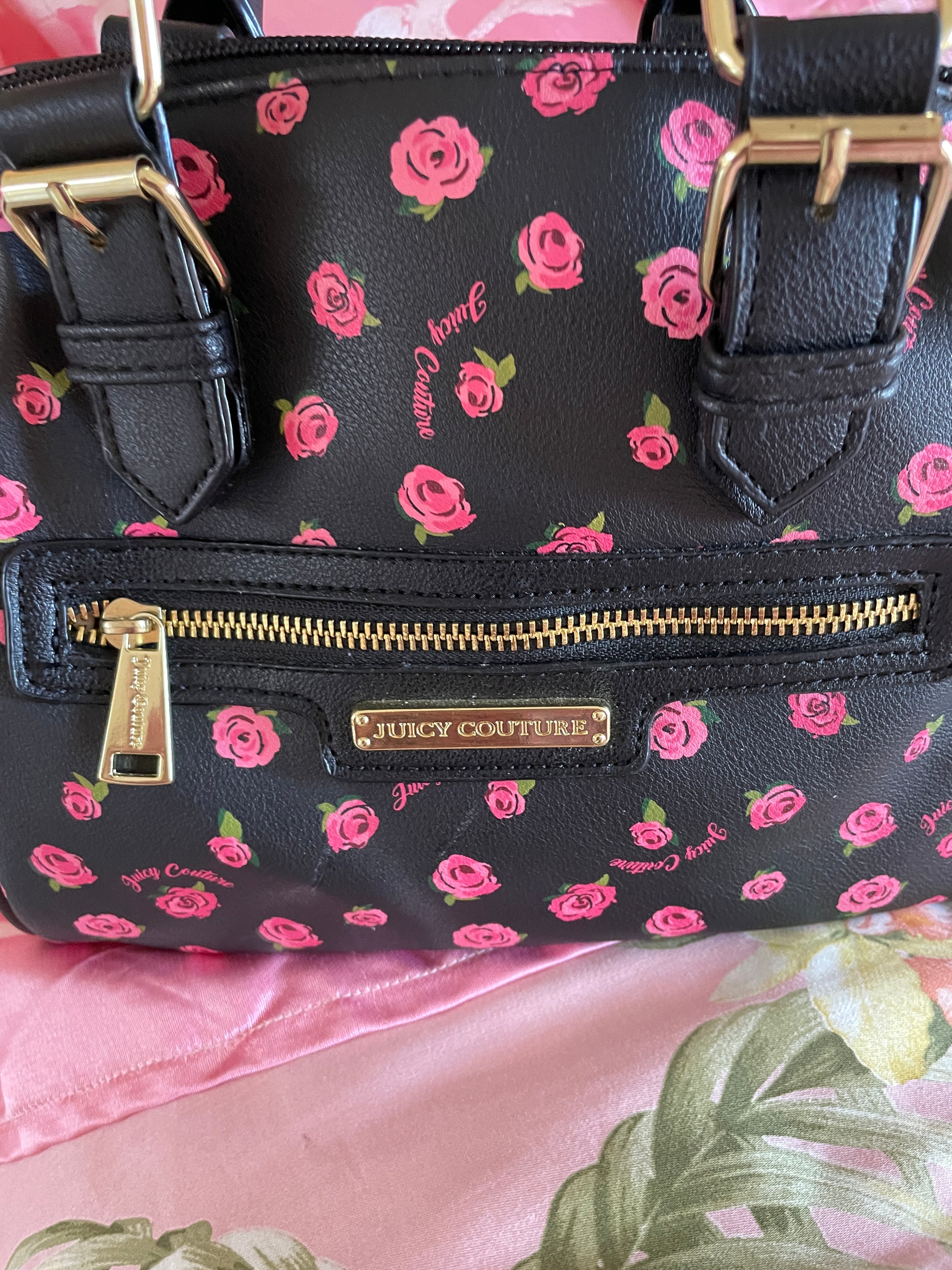  Juicy Couture Black Rose Floral Design Faux Leather Handbag