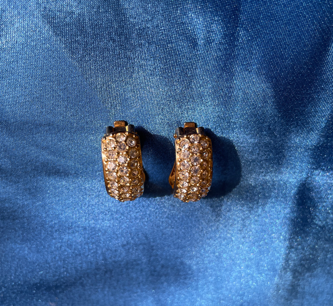 90s Vintage Gold Tone Crystal Huggie Clip On Earrings