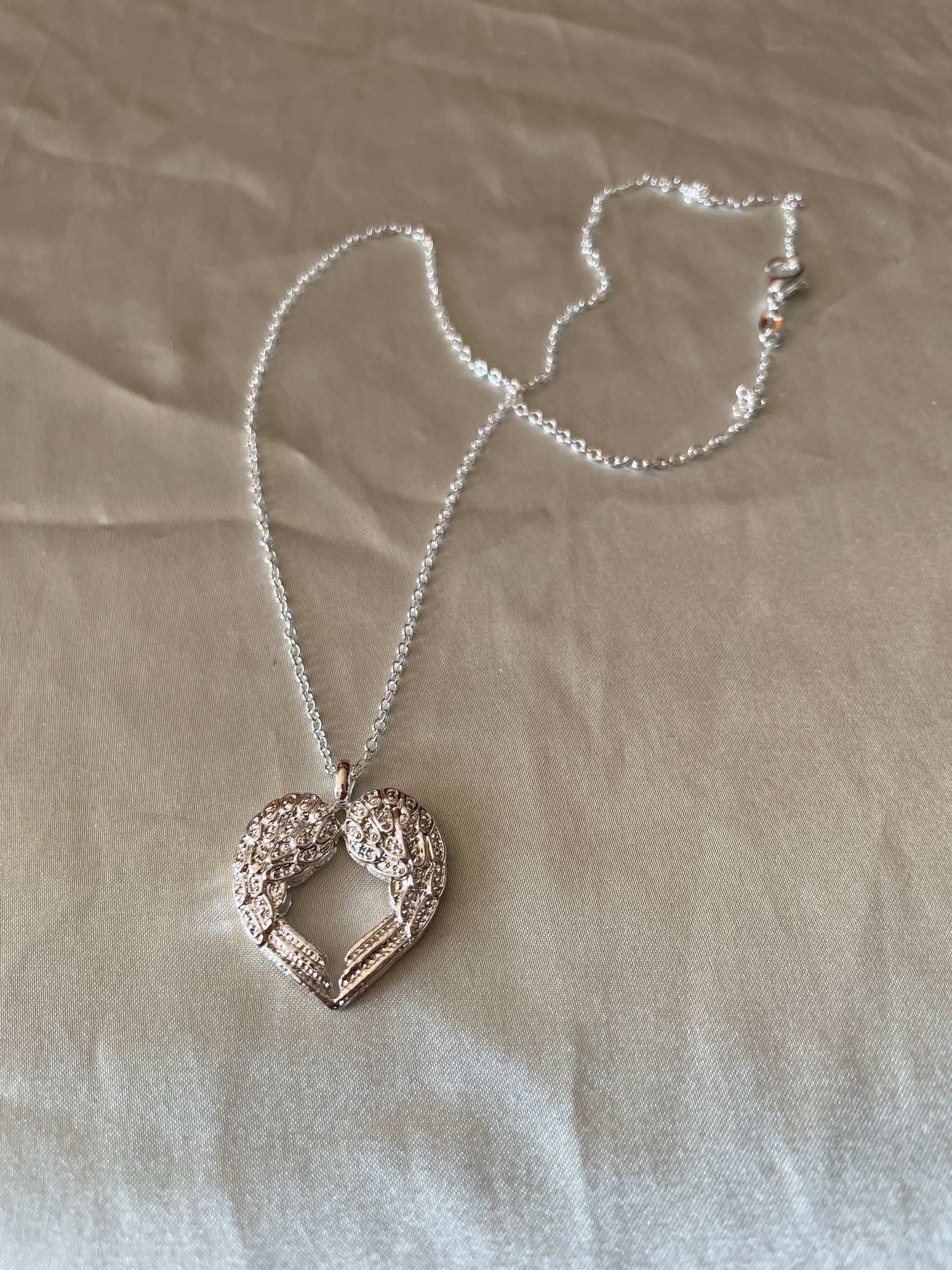  2000s Silver Plated Angel Wing Heart Pendant Necklace