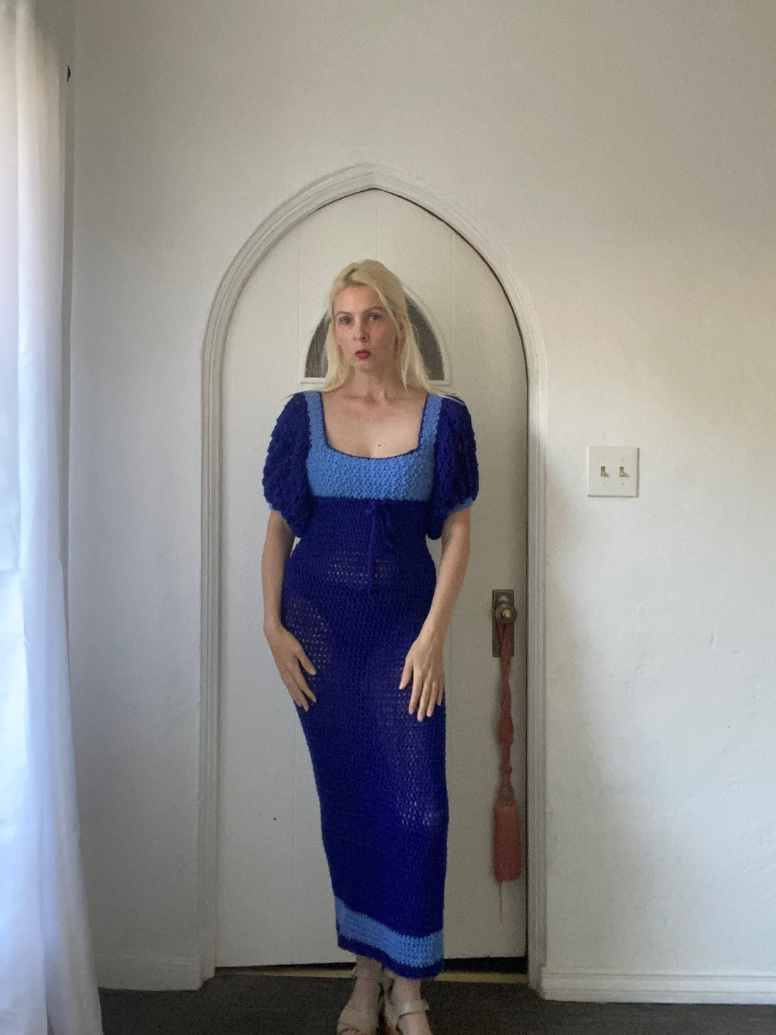1960/70s Vintage Handmade Blue Crochet Full Sleeve Body Con Gorgeous Maxi Dress  S/M