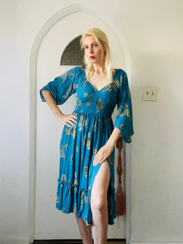 Floral Leaf Rayon Criss Cross Back Side Slit Dress Med