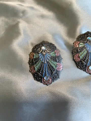 90s Unique Art Deco Style Enamel Metal Pierced Earrings