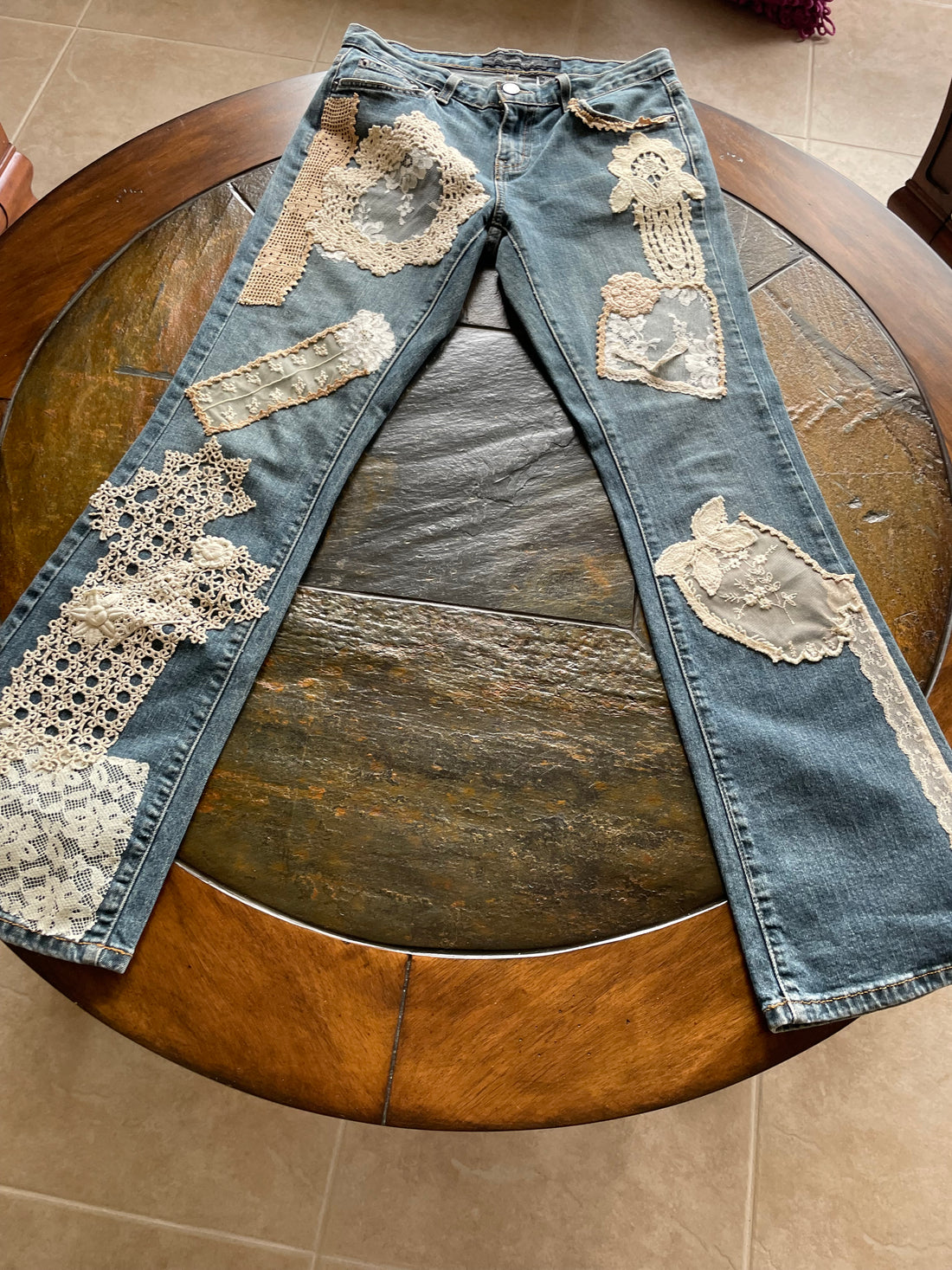 Revamped Calvin Klein Hand Sewn Lace Applique Jeans Sm