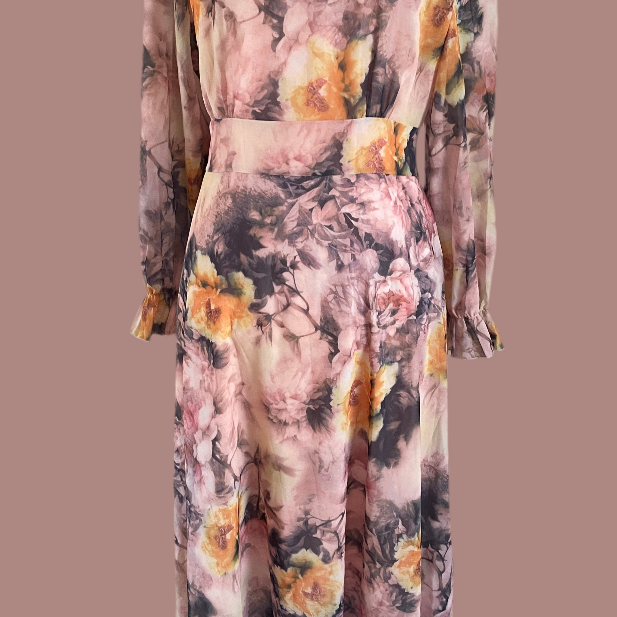 2000s Multicolor Poly Abstract Floral Back Tie Ruffled Sleeve Dress M