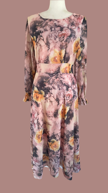 2000s Multicolor Poly Abstract Floral Back Tie Ruffled Sleeve Dress M