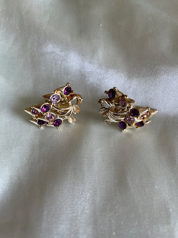50s Signed Coro Gold Tone Purple  Glass Detail Clip Earrings