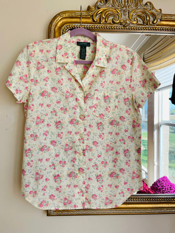 Vintage 90s Lauren Ralph Lauren Floral Button Cotton Short Sleeve Top S/M