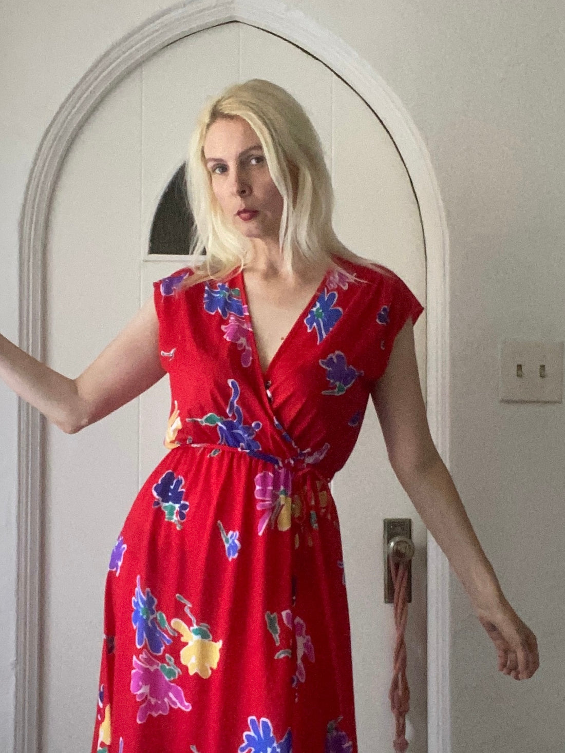 70s Vintage Ted Floral V Neck Matching Belt Midi Dress M