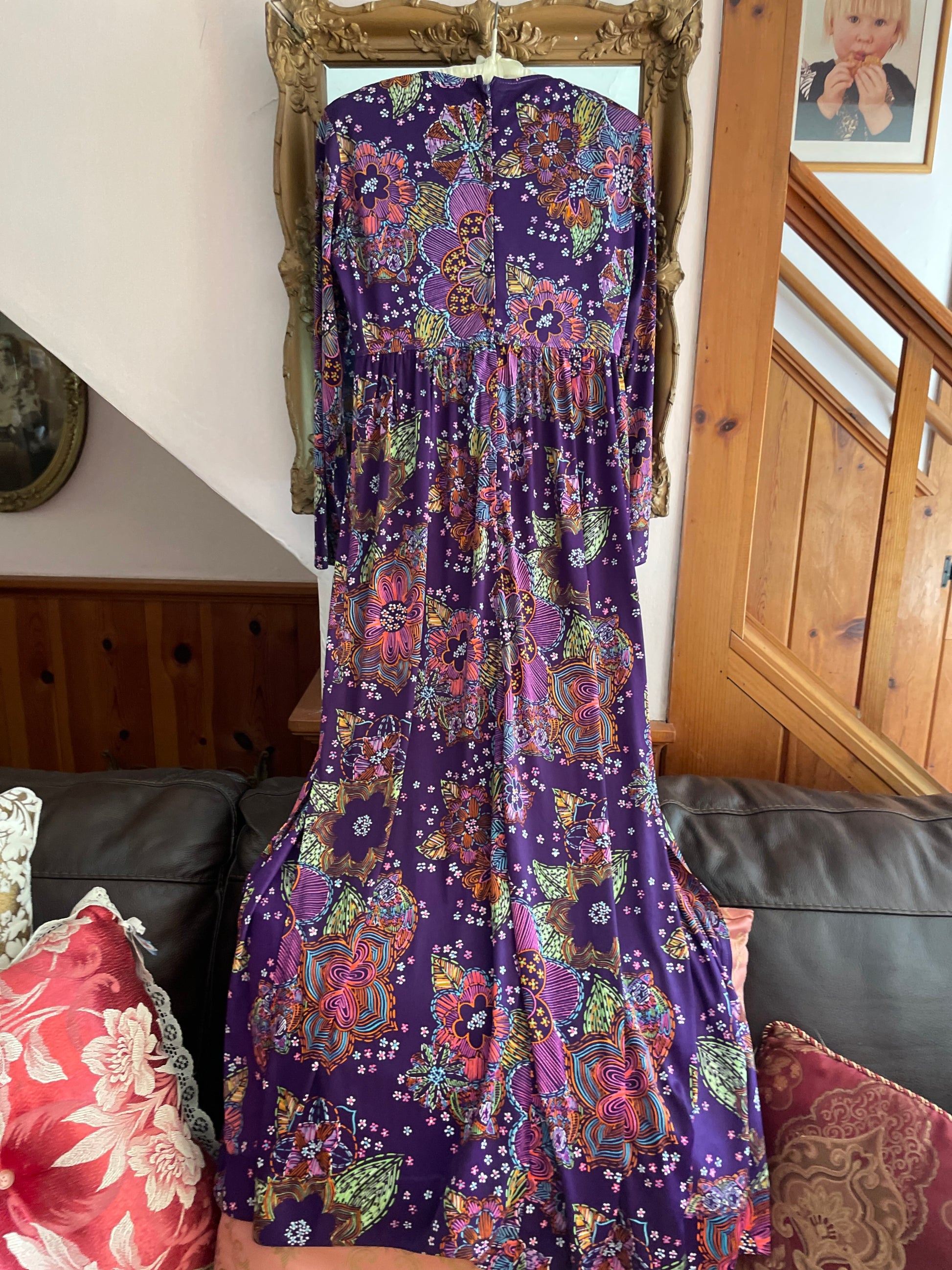  70s Vintage Handmade Purple Floral Print Poly Empire Waist 20” Side Slits Back Zip Maxi Dress S