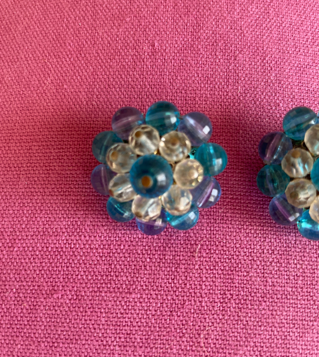 Vintage 50s Acrylic Beaded Blue Flower Clip Earrings