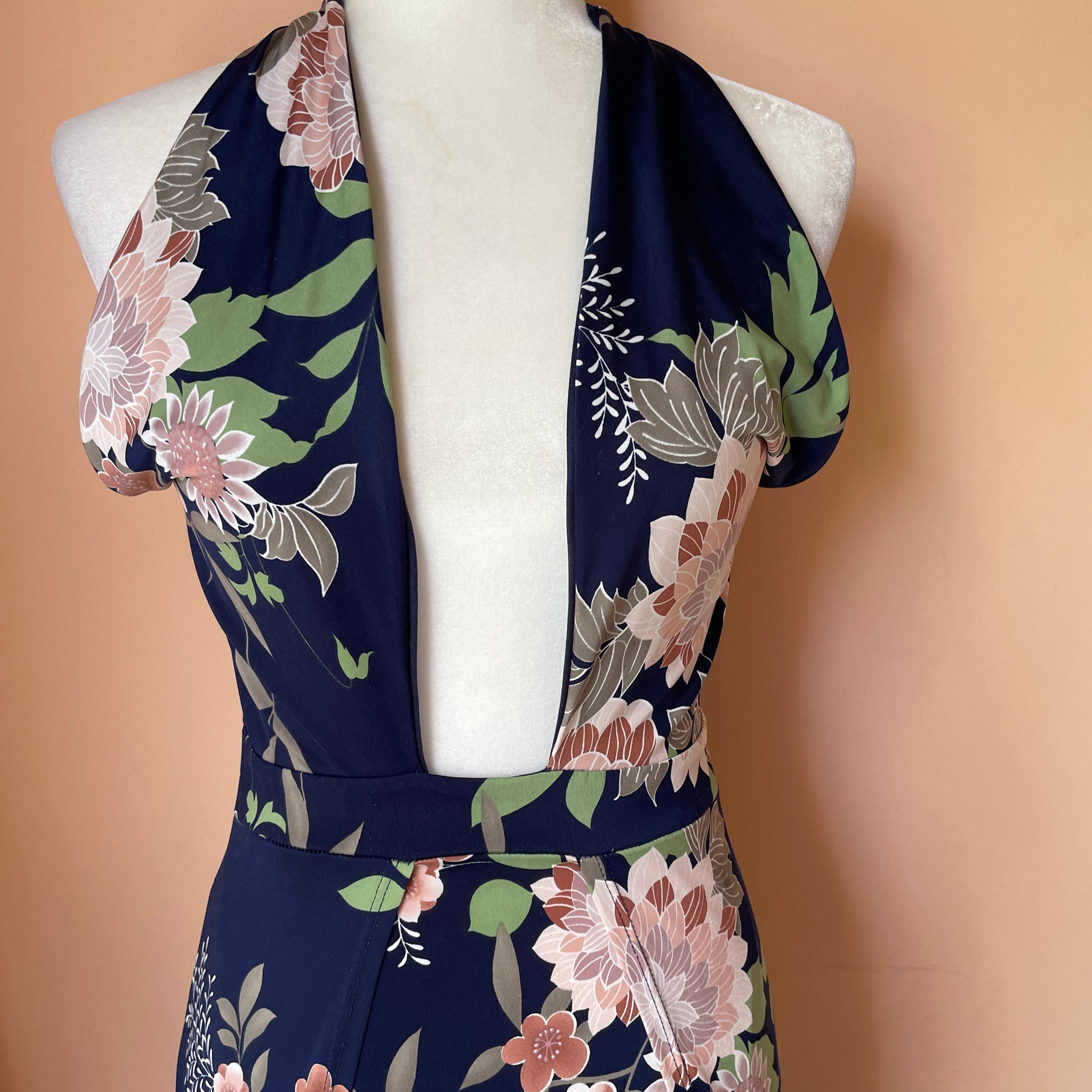 90s Vintage Navy Poly Floral Print 2 High Slits Ocean Pool Side Lounge Maxi Dress S