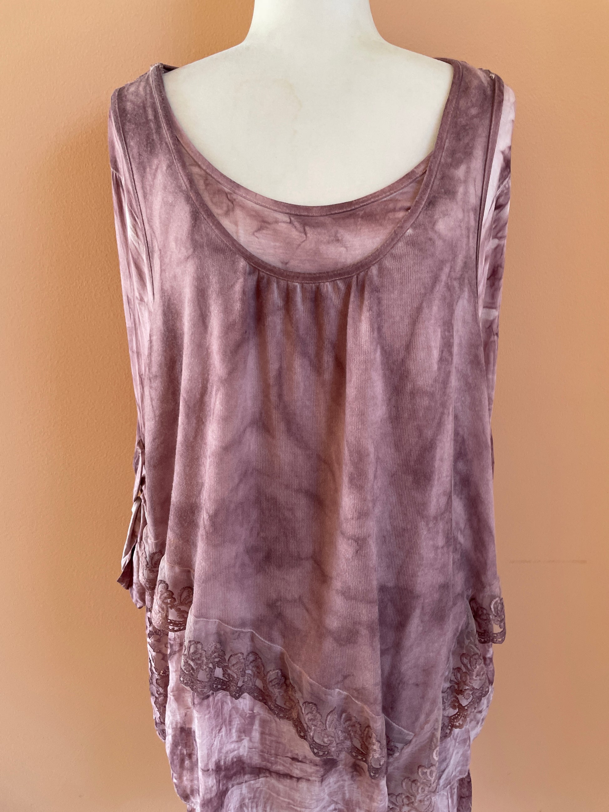  Made in Italy 2000s Tye Dye Draped Lace Lavender Boho Dress M