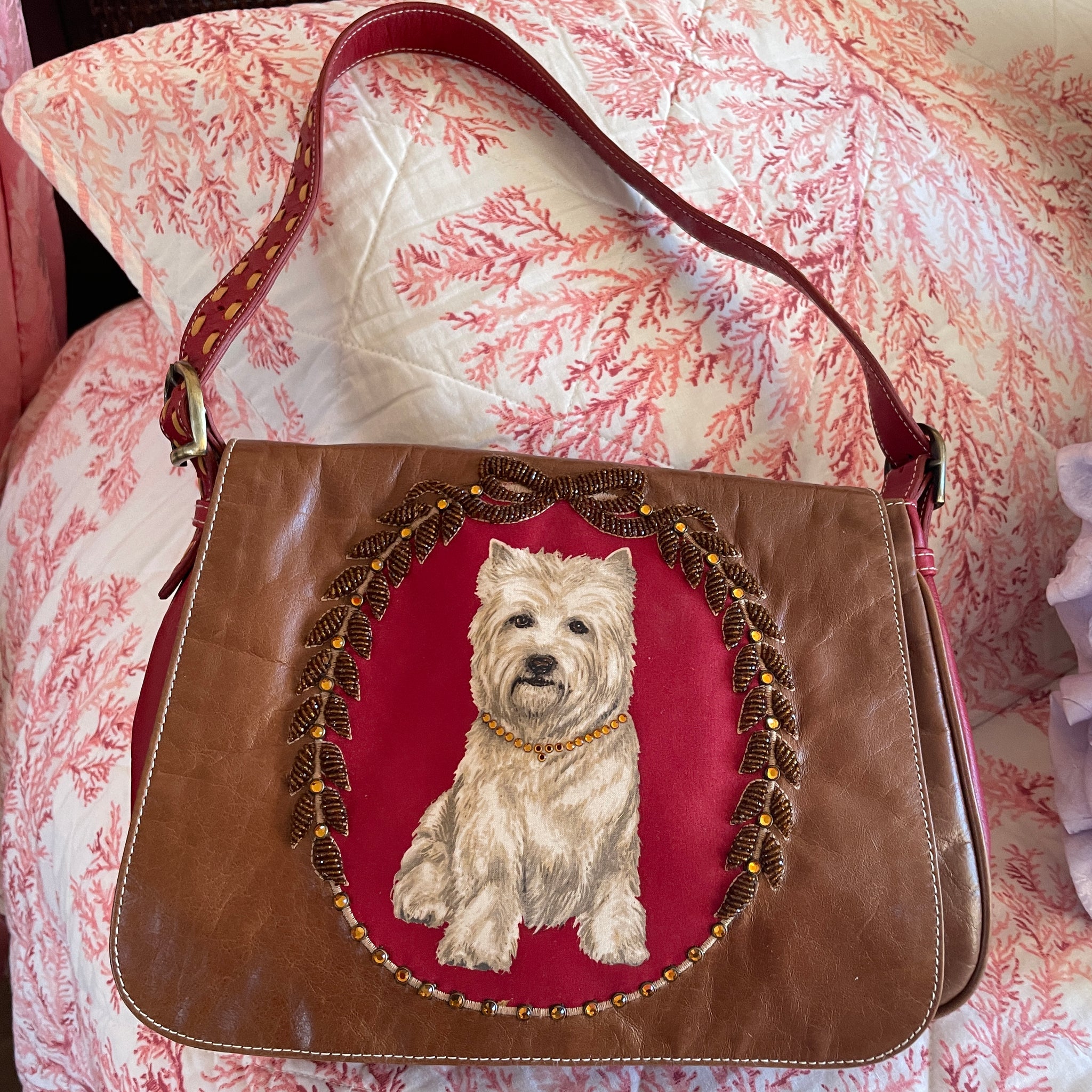 80s Vintage Isabella Fiore Italy Brown Leather Westie Terrier Bead Embellishment Buckle Strap Bag.