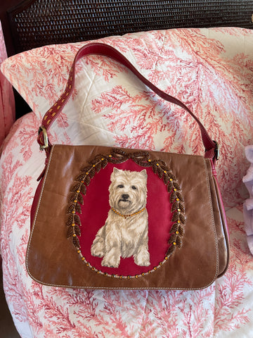 80s Vintage Isabella Fiore Italy Brown Leather Westie Terrier Bead Embellishment Buckle Strap Bag.